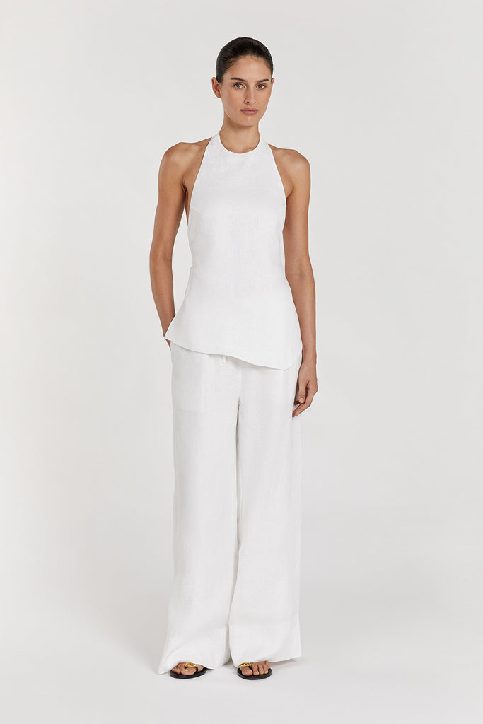 SERENA WHITE LINEN ASYM HALTER TOP | Dissh