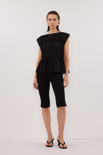 FLYNN BLACK LINEN BLEND TIERED TOP – DISSH