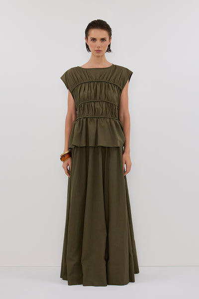 Stas wearing FLYNN OLIVE LINEN BLEND TIERED TOP