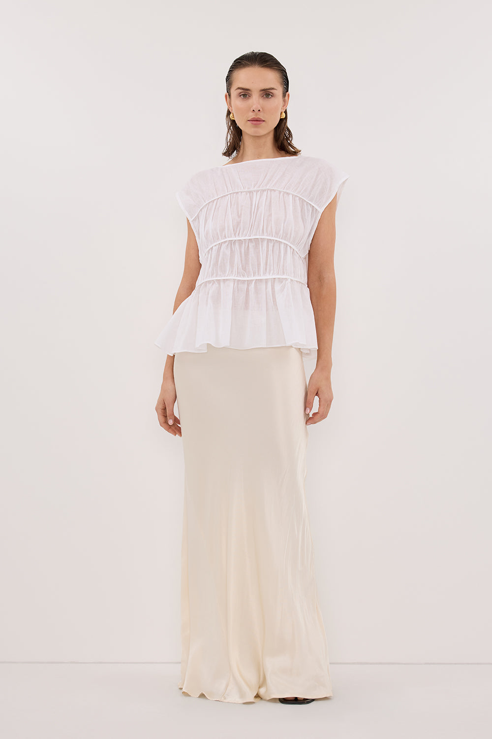 FLYNN WHITE LINEN BLEND TIERED TOP