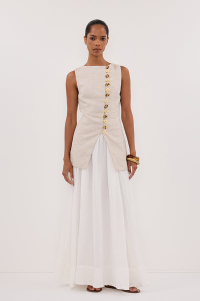 Kristen wearing BAYLEE NATURAL SLEEVELESS LINEN TOP