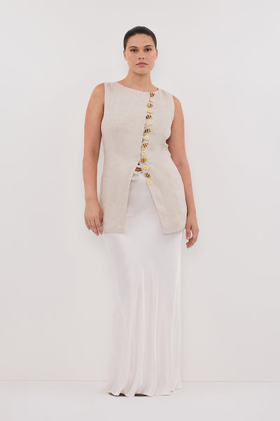 Jasmine wearing BAYLEE NATURAL SLEEVELESS LINEN TOP