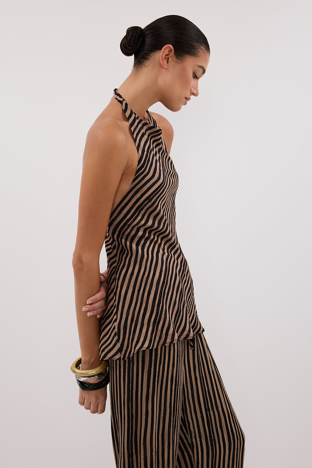 CHARLI TAN STRIPE HALTER TOP