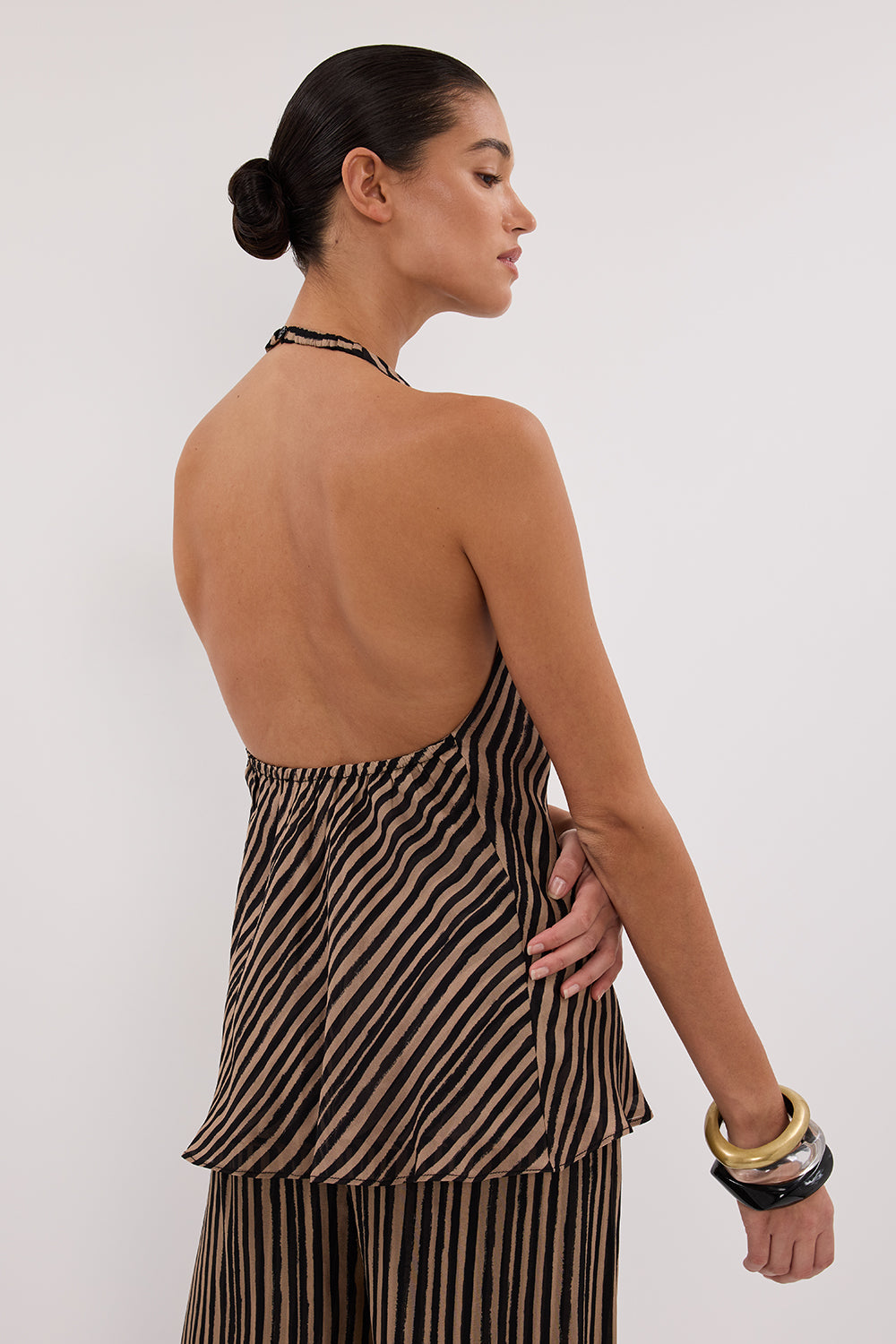 CHARLI TAN STRIPE HALTER TOP