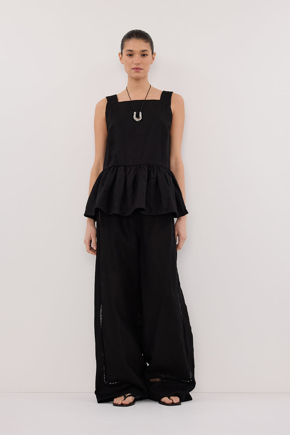 DAISY BLACK LINEN PEPLUM TOP