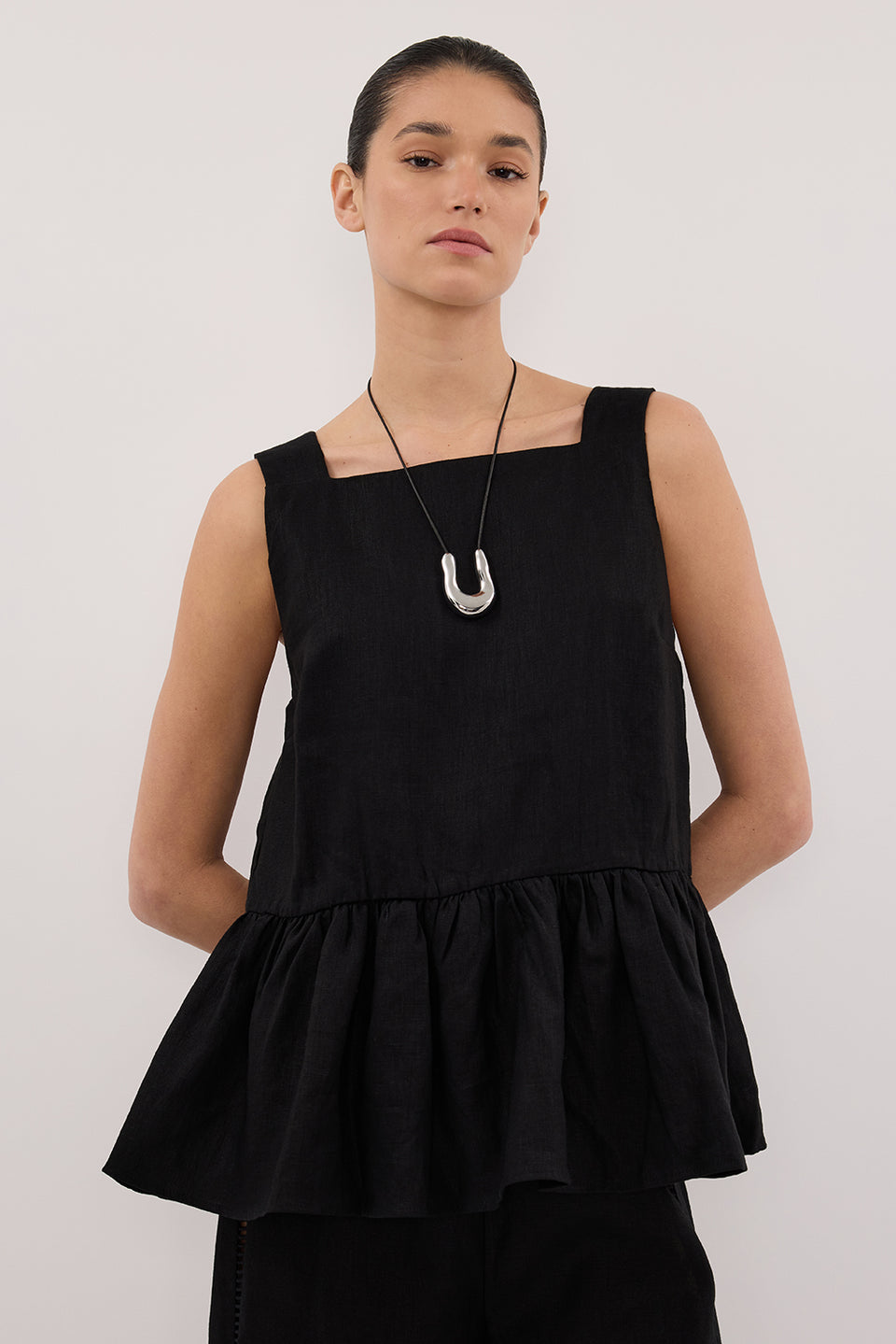 DAISY BLACK LINEN PEPLUM TOP