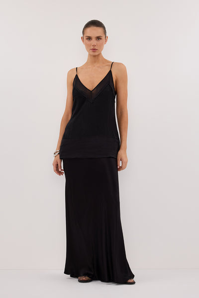 Stas wearing JUDE BLACK SATIN RAMIE CAMI TOP