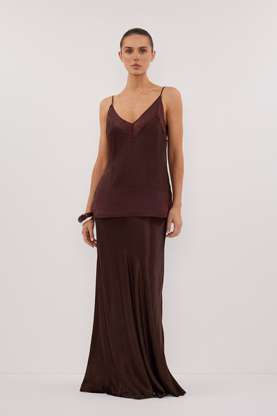Stas wearing JUDE CHOC SATIN RAMIE CAMI TOP
