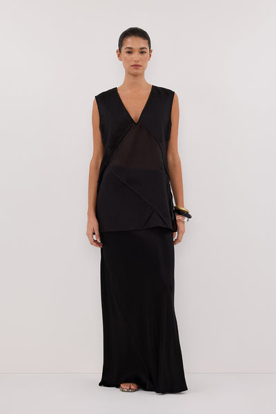 Aude wearing CARMEL BLACK RAMIE V NECK TOP