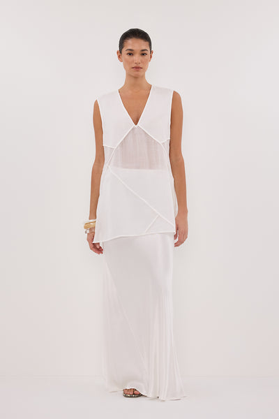 Aude wearing CARMEL WHITE RAMIE V NECK TOP