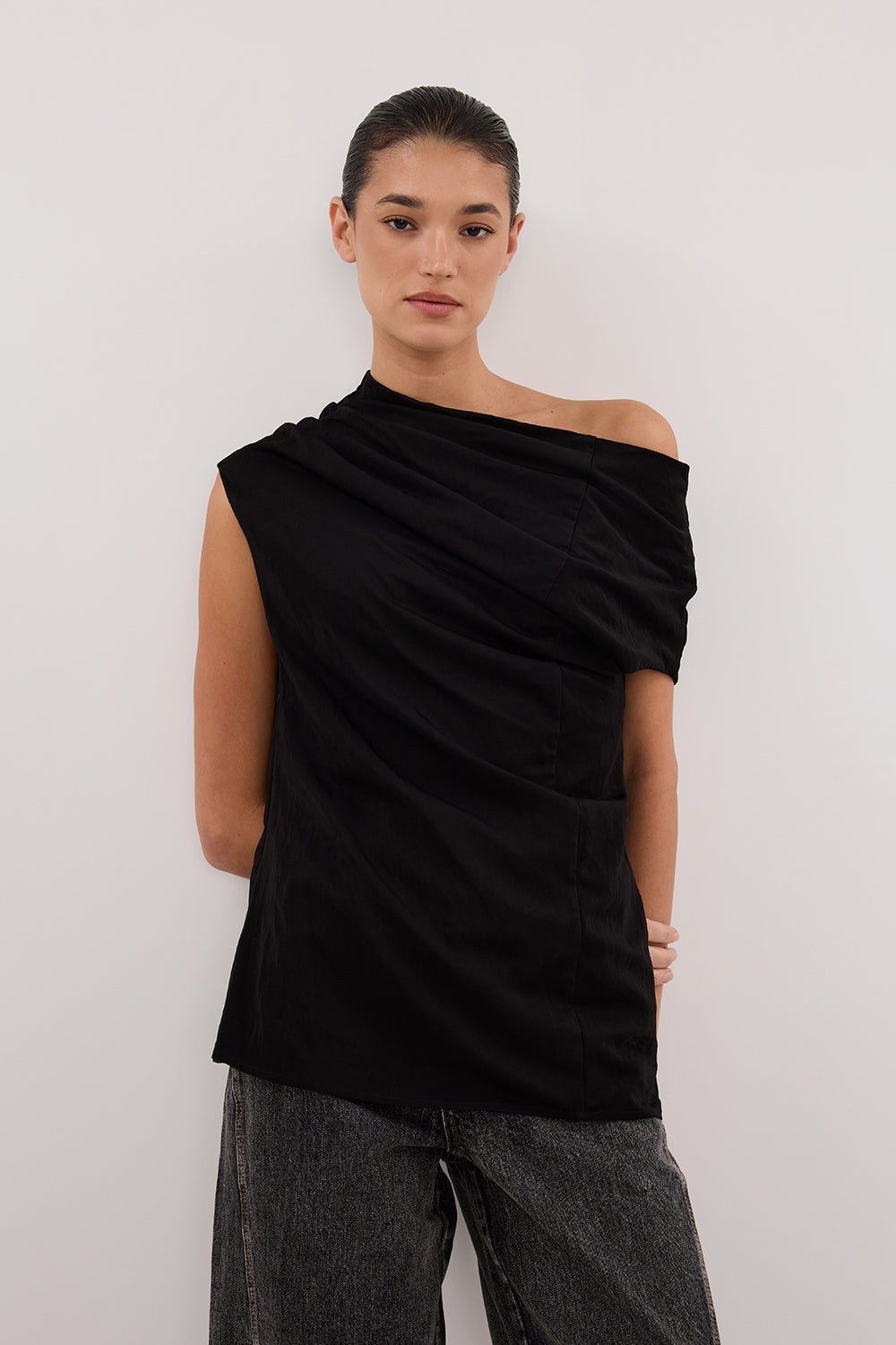 ANDY BLACK ASYM DRAPED TOP