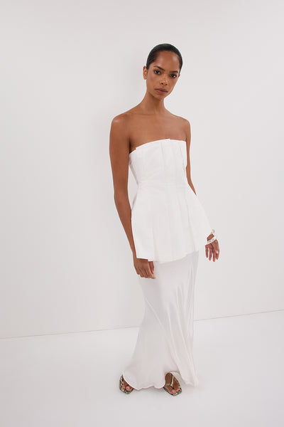 Kristen wearing LILLY WHITE PLEATED STRAPLESS TOP