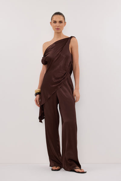 Stas wearing EVE BITTER CHOC ASYM SATIN TOP