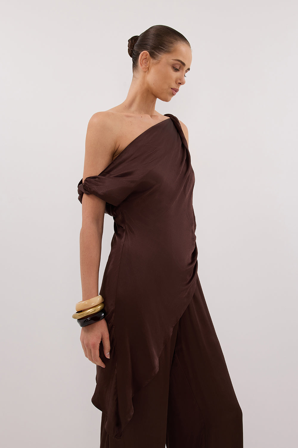 EVE BITTER CHOC ASYM SATIN TOP