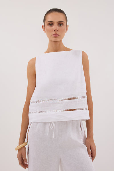 Stas wearing LINDSAY WHITE LINEN BOXY TOP