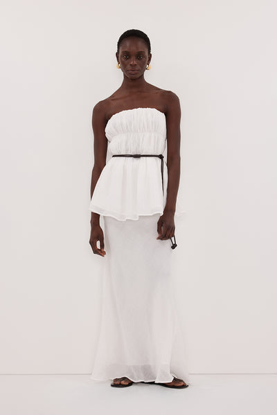 Maguette wearing ARTIE WHITE RAMIE STRAPLESS TOP