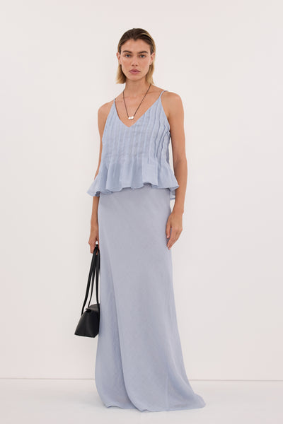 Joanna wearing TAHLIA DUSTY BLUE RAMIE TOP