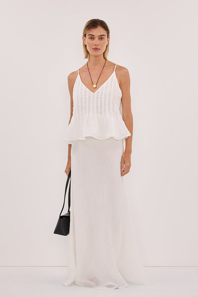 Joanna wearing TAHLIA WHITE RAMIE TOP