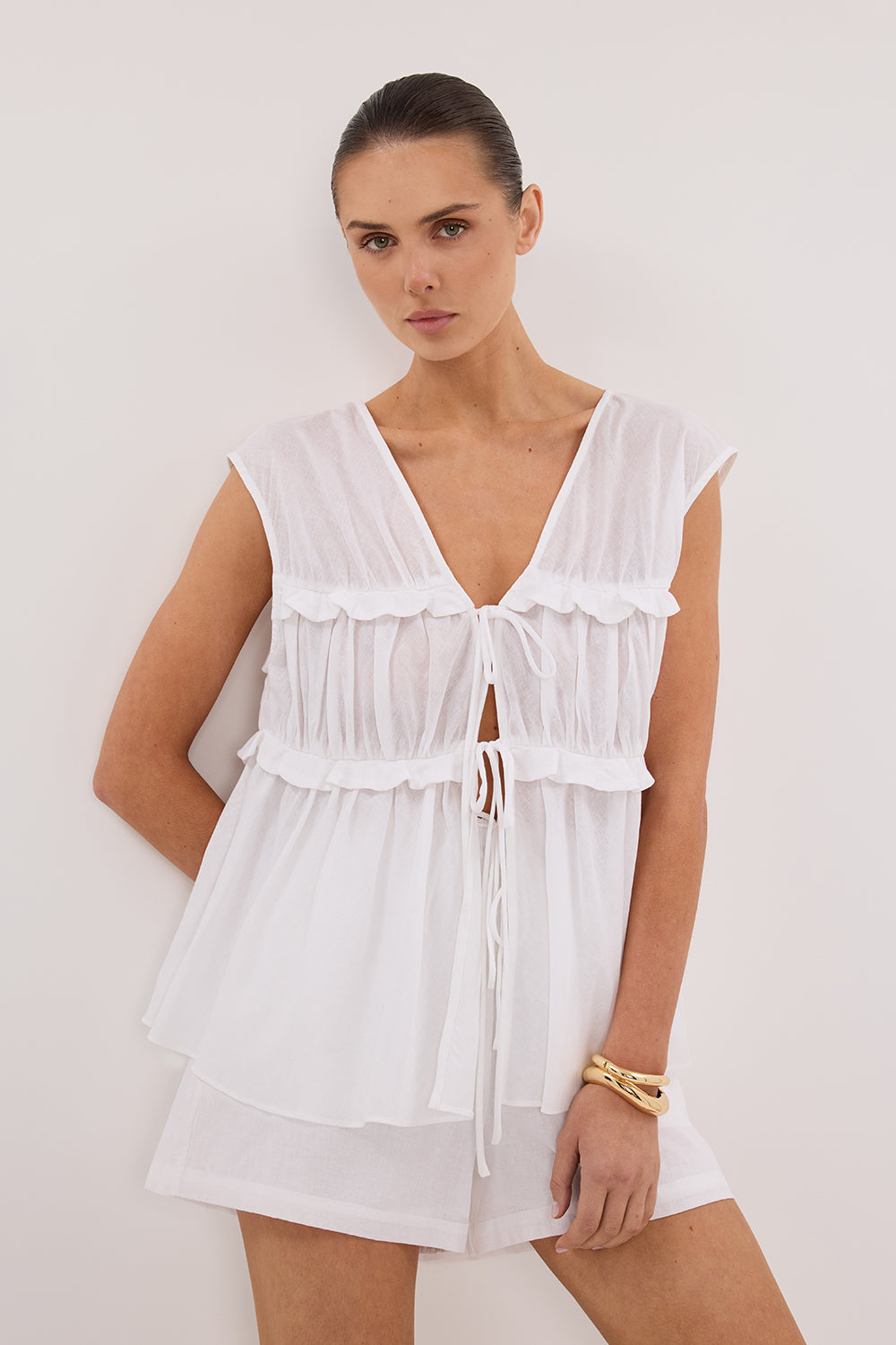QUINN WHITE LINEN RUFFLE TOP – DISSH