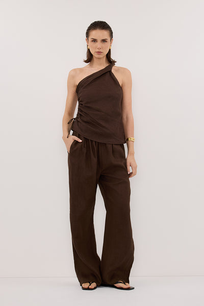 Stas wearing FINNY BITTER CHOC LINEN TOP