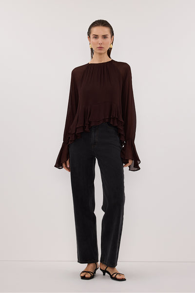 Stas wearing BODHI DARK CHOC LONG SLEEVE TOP