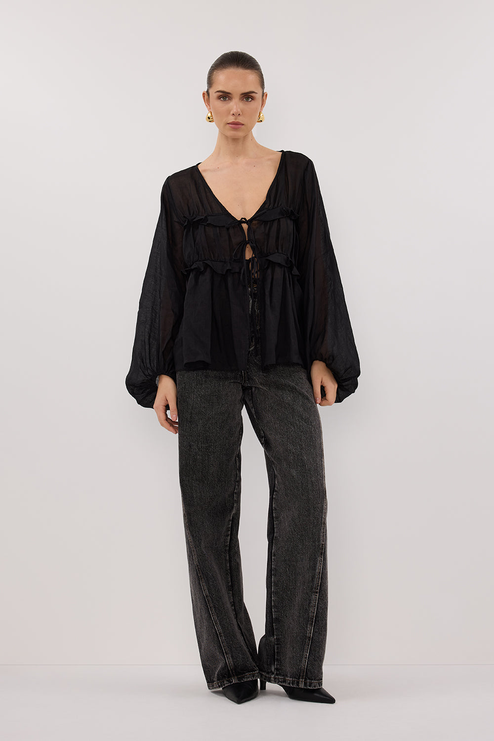 MILA BLACK RAMIE LONG SLEEVE FRILL TOP