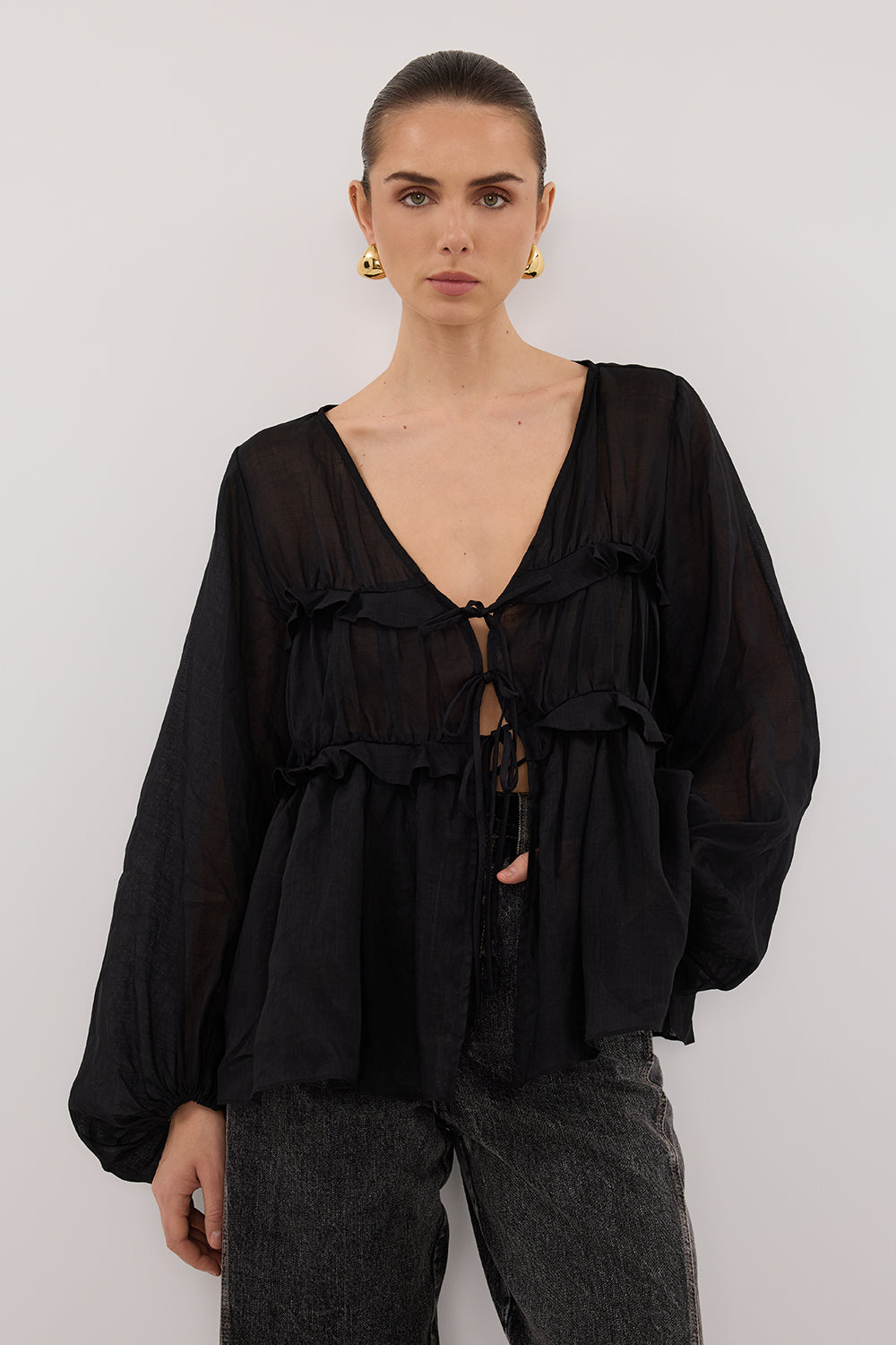 MILA BLACK RAMIE SLEEVED FRILL TOP – DISSH