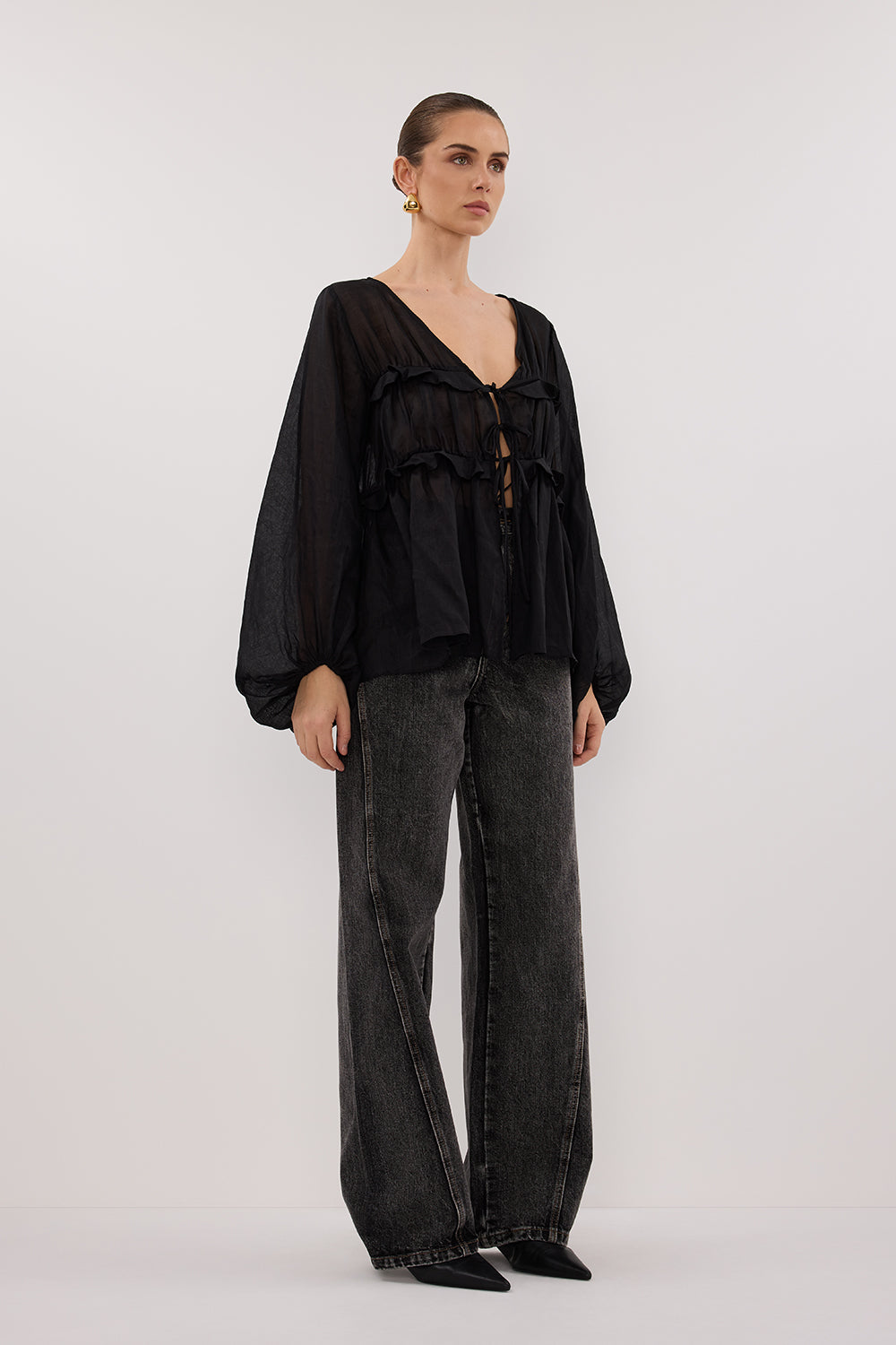 MILA BLACK RAMIE LONG SLEEVE FRILL TOP