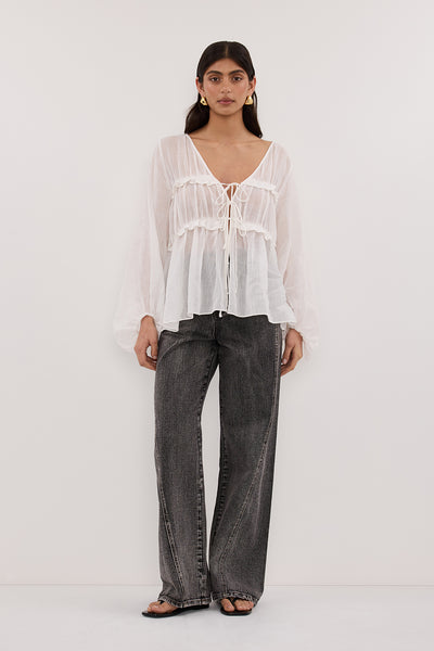 MILA WHITE RAMIE SLEEVED FRILL TOP – DISSH