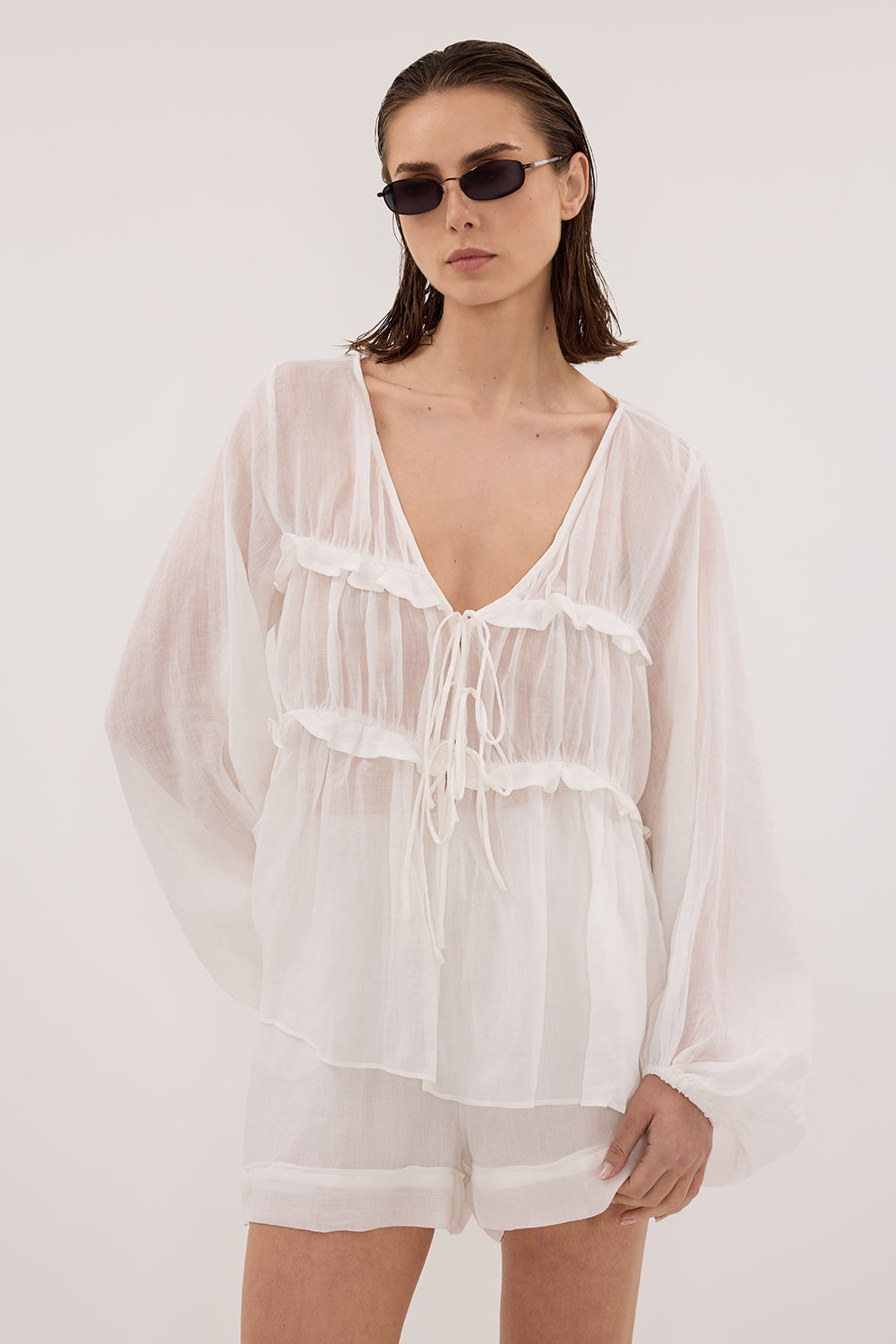 MILA WHITE RAMIE LONG SLEEVE FRILL TOP