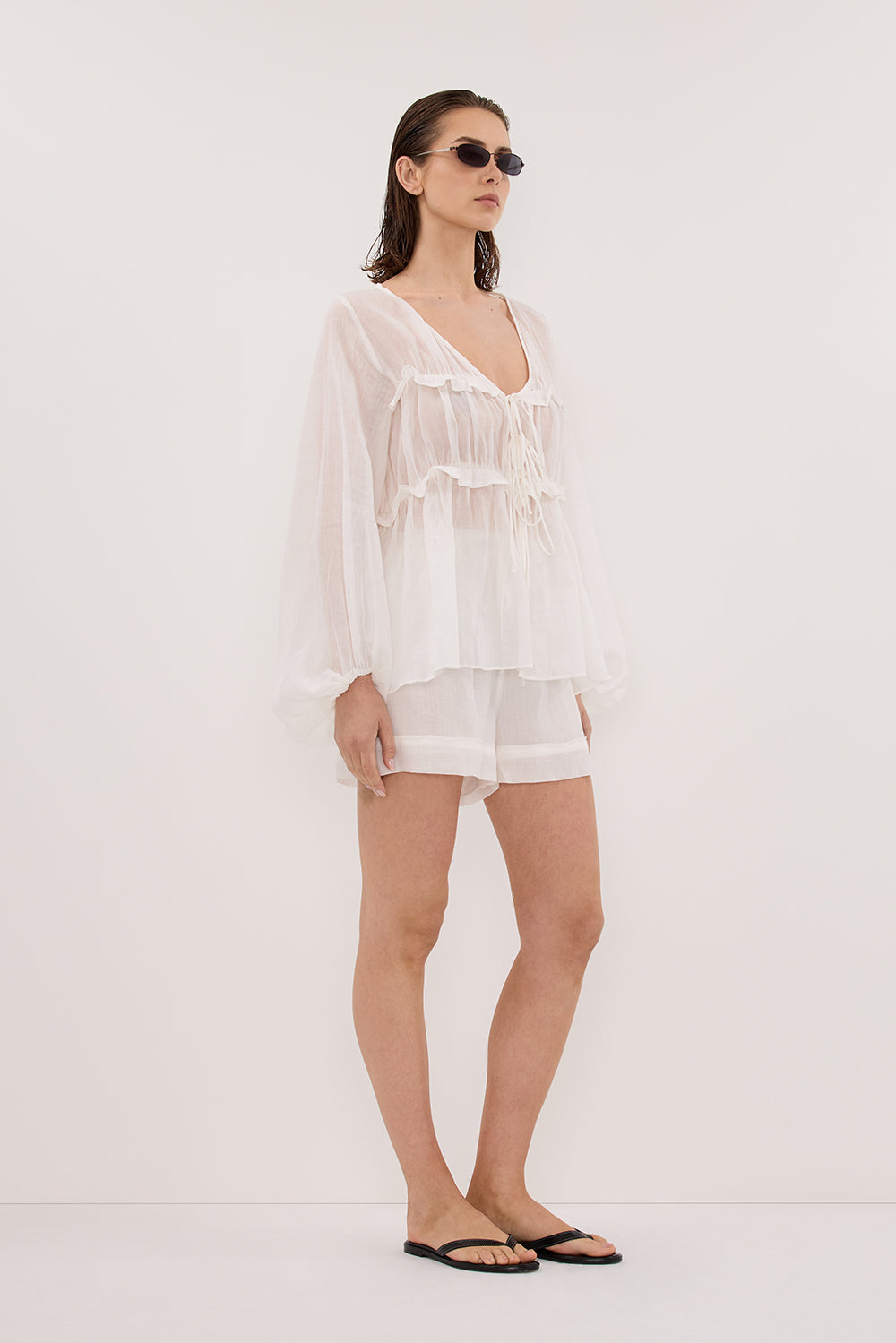 MILA WHITE RAMIE LONG SLEEVE FRILL TOP
