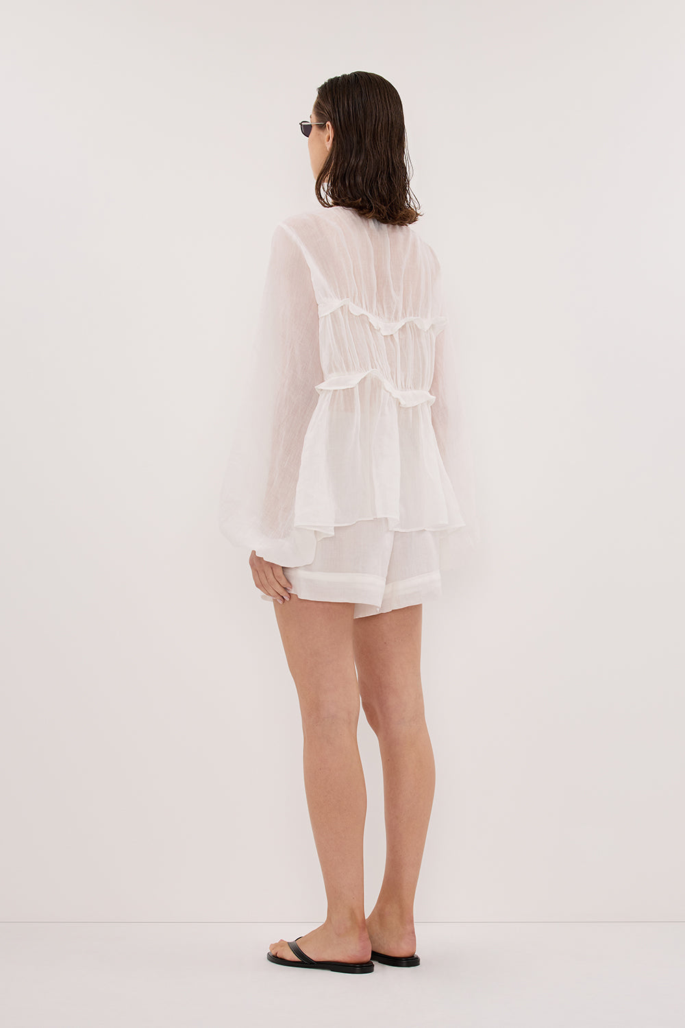 MILA WHITE RAMIE LONG SLEEVE FRILL TOP