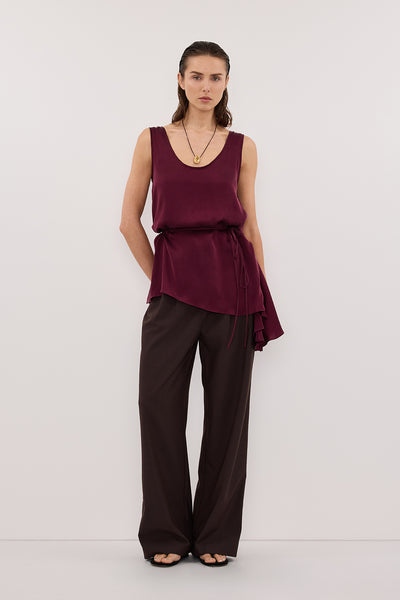 Stas wearing LETTIE MERLOT SILK CAMI TOP