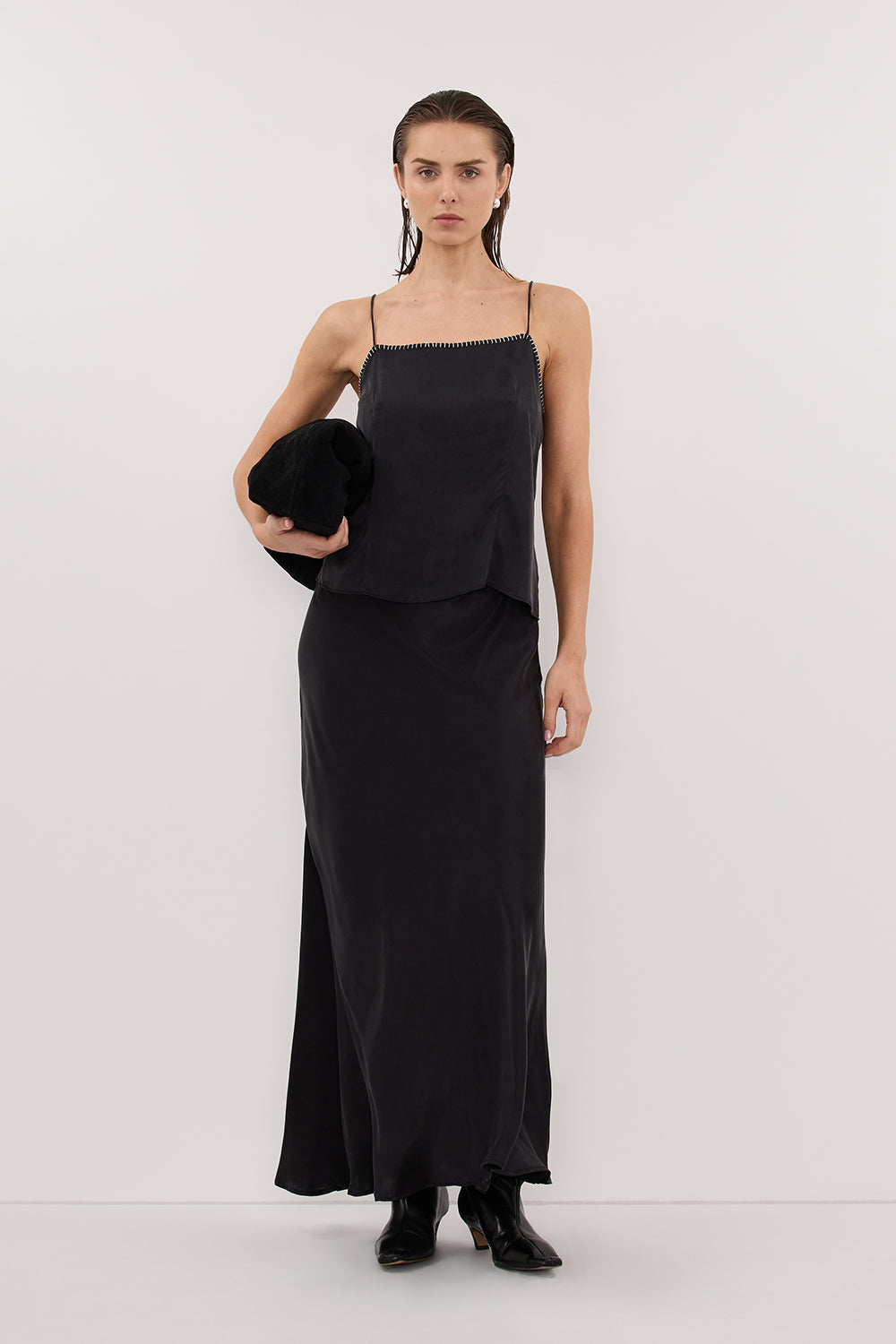 PIPER BLACK SLEEVELESS SILK STITCH DETAIL CAMI TOP
