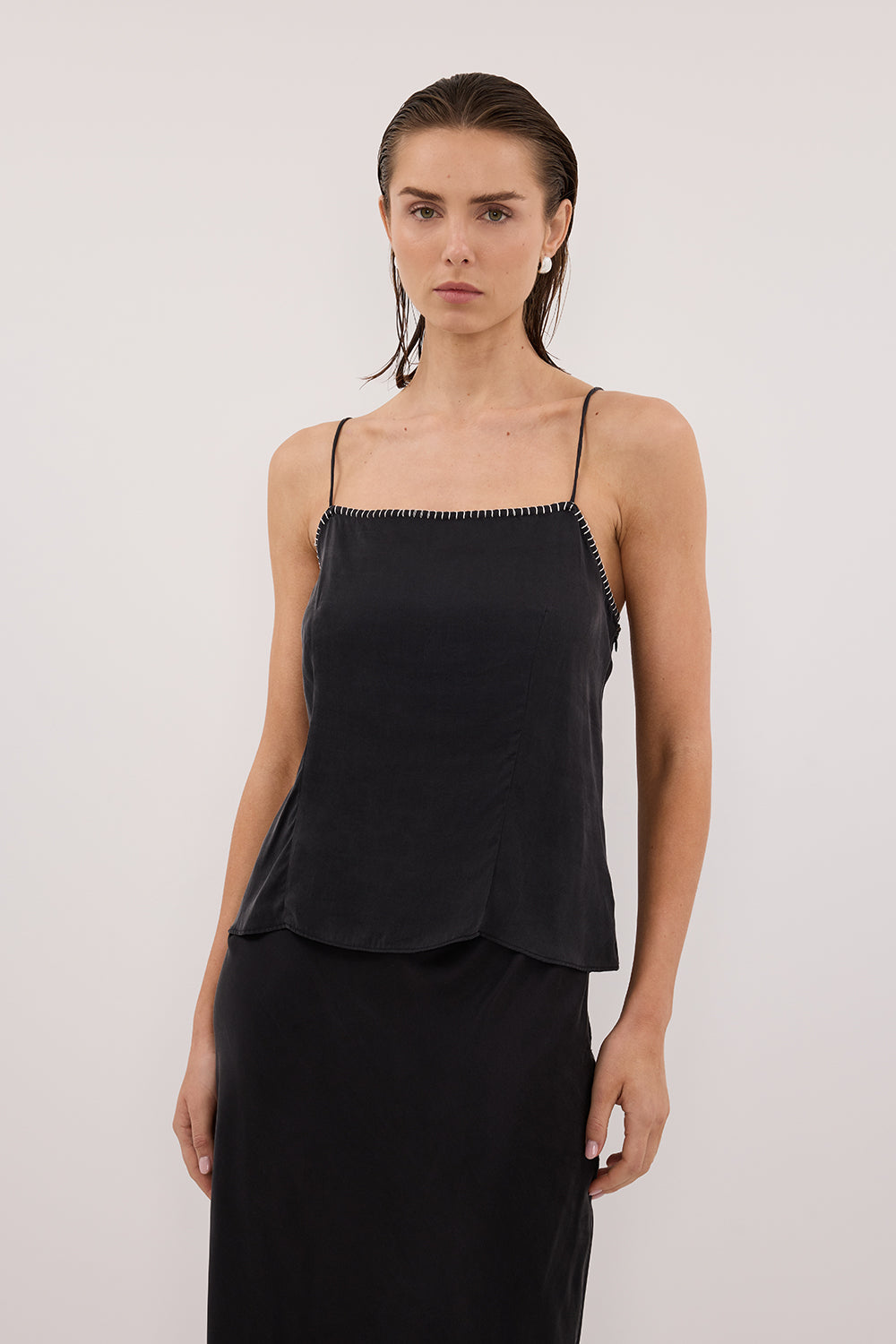 PIPER BLACK SLEEVELESS SILK STITCH DETAIL CAMI TOP