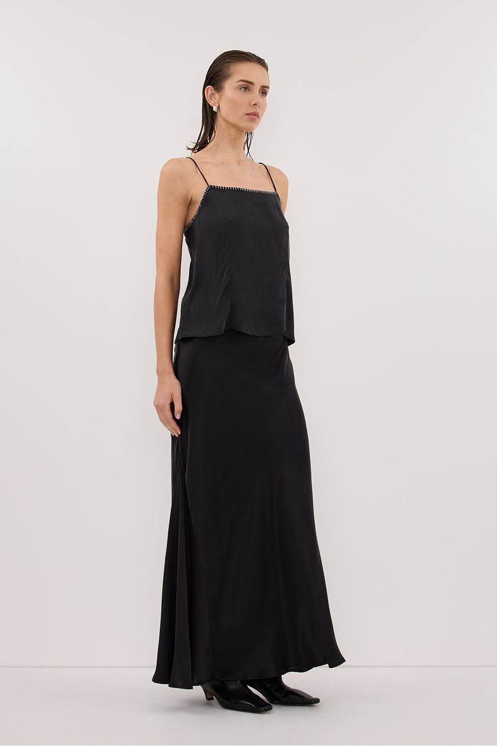 PIPER BLACK SLEEVELESS SILK STITCH DETAIL CAMI TOP