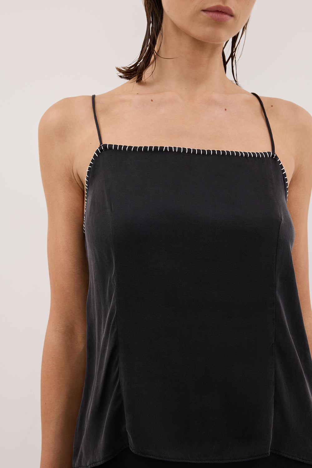 PIPER BLACK SLEEVELESS SILK STITCH DETAIL CAMI TOP