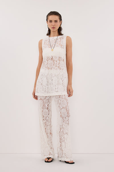 Stas wearing WILMA WHITE SLEEVELESS LACE TUNIC