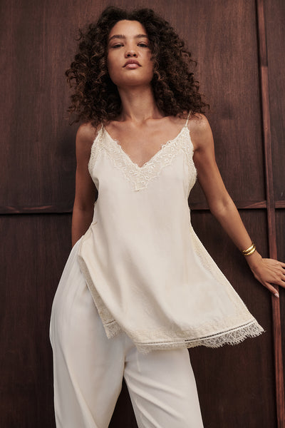 Carol wearing ANDREA SANDSTONE SLEEVELESS LACE CAMI TOP