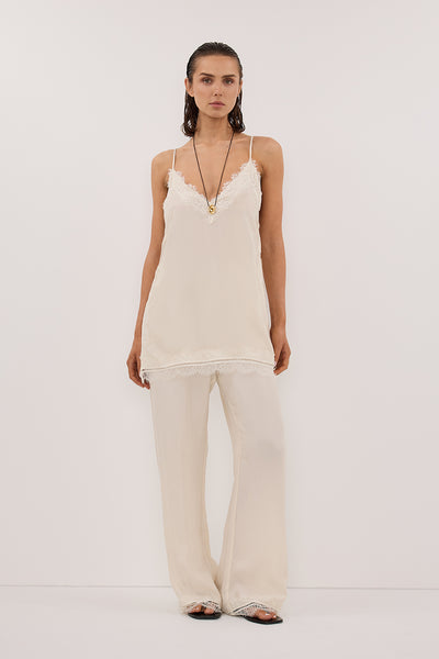 Stas wearing ANDREA SANDSTONE SLEEVELESS LACE CAMI TOP