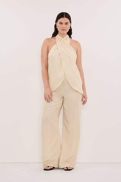 Jasmine wearing ADDIE STRAW CUPRO HALTER TOP