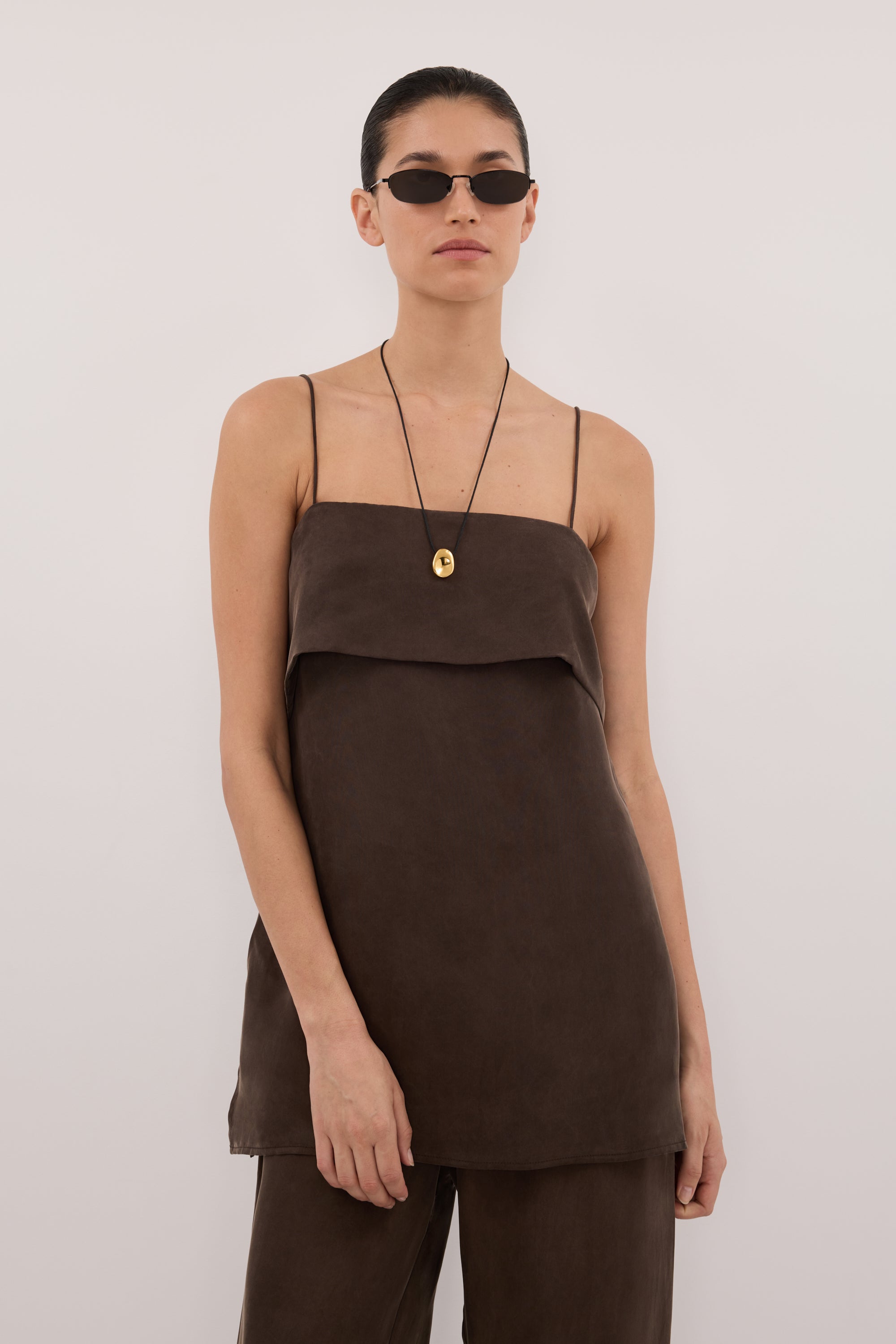 IDA BITTER CHOC SLEEVELESS FOLDOVER CAMI TOP