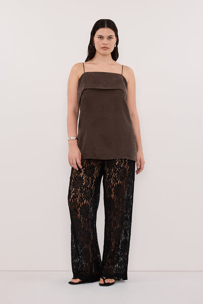 Jasmine wearing IDA BITTER CHOC SLEEVELESS FOLDOVER CAMI TOP