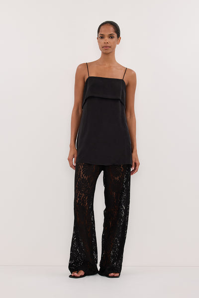 Kristen wearing IDA BLACK SLEEVELESS FOLDOVER CAMI TOP