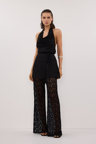 Stas wearing HAYLEE BLACK SLEEVELESS LINEN COWL TOP