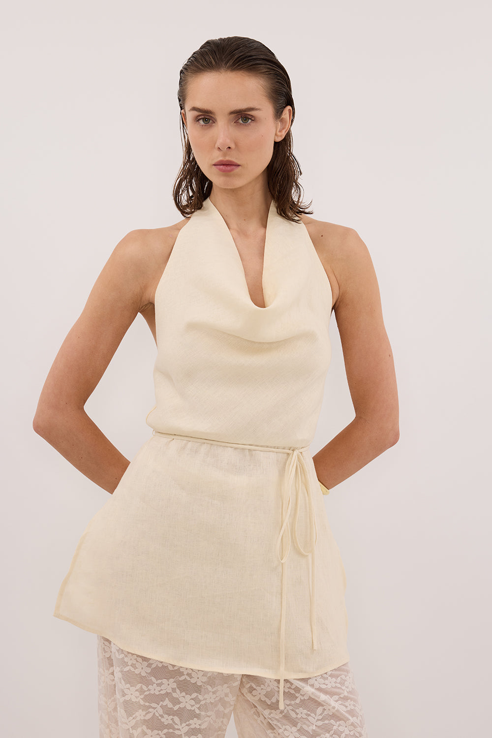 HAYLEE STRAW SLEEVELESS LINEN COWL TOP