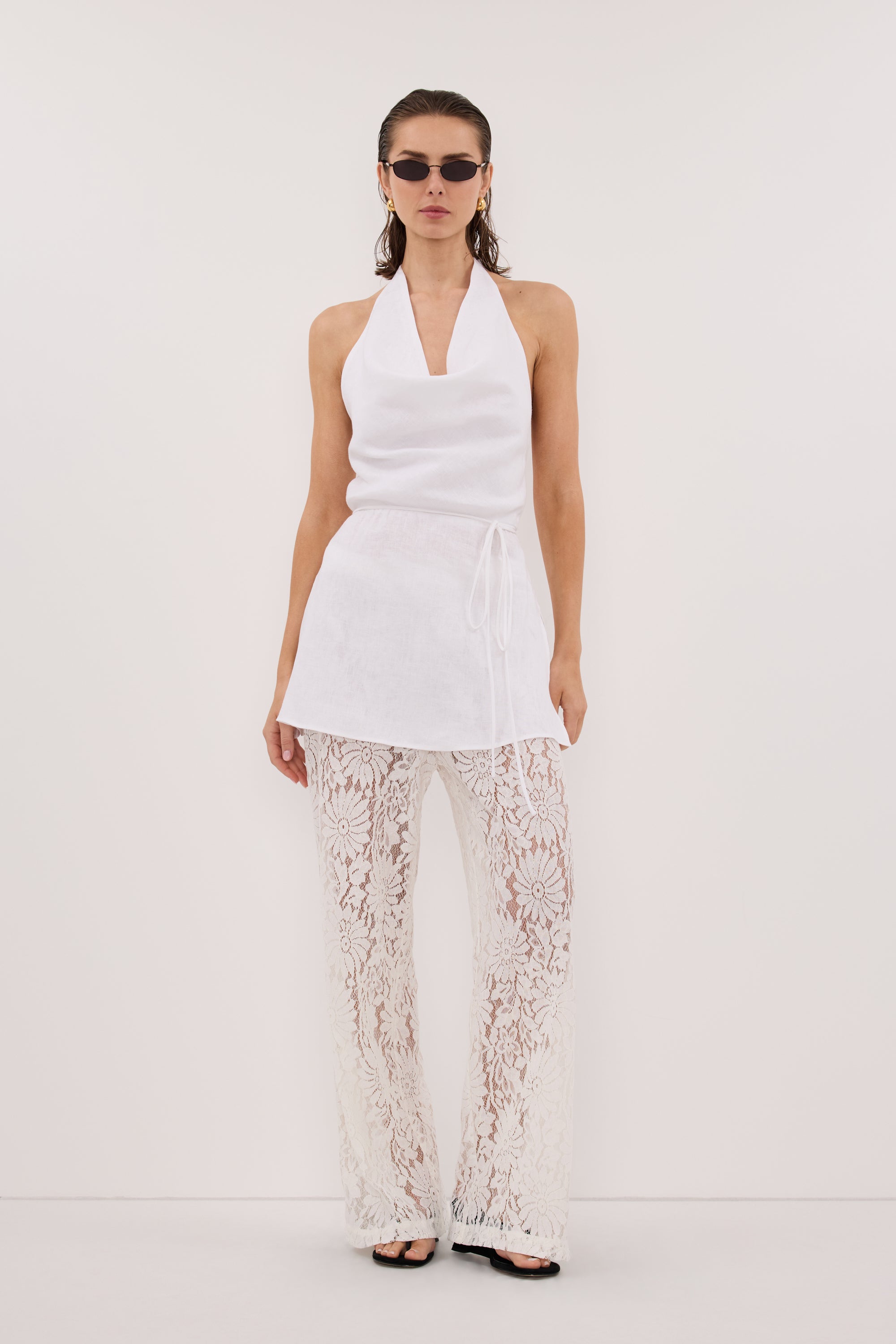 HAYLEE WHITE SLEEVELESS LINEN COWL TOP