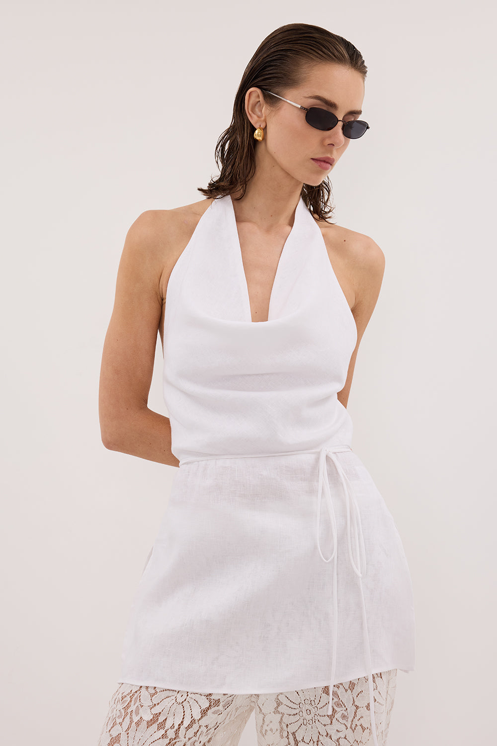 HAYLEE WHITE SLEEVELESS LINEN COWL TOP