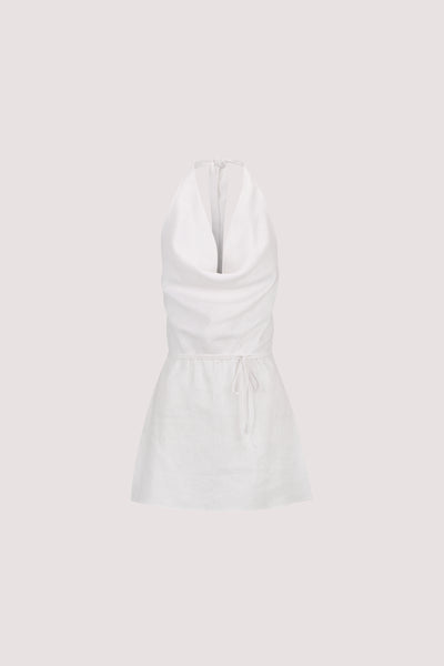 Stas wearing HAYLEE WHITE SLEEVELESS LINEN COWL TOP