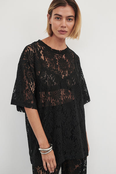 Joanna wearing WILMA BLACK LACE TEE